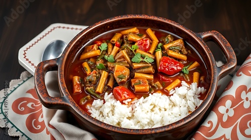 Iranian ghormeh sabzi in a rustic pot with side of steamed rice, decorative fabric under dish