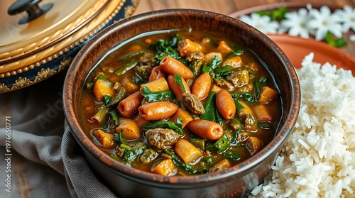 Iranian ghormeh sabzi in a rustic pot with side of steamed rice, decorative fabric under dish