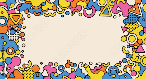 Vibrant geometric shapes decorate a colorful border around a blank space.