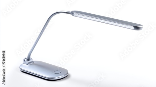 Silver LED desk lamp with adjustable gooseneck arm on a white surface, casting soft shadows