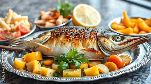 Iraqi masgouf grilled fish presented on large silver tray with pickled vegetables, isolated food scene, natural light