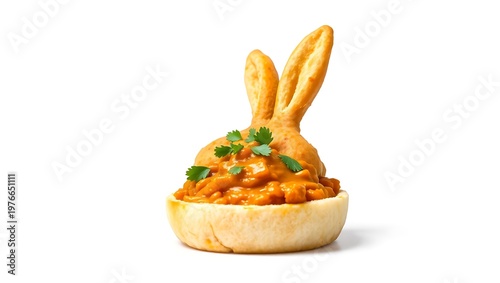 Isolated bunny chow on white background, clean studio lighting, bread texture and curry detail emphasized, high-resolution image for menu design or product listing