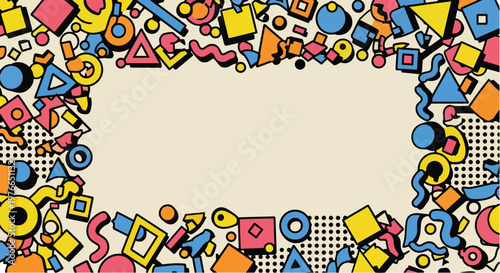 Foto A vibrant illustration of various colorful geometric shapes scattered around a beige background