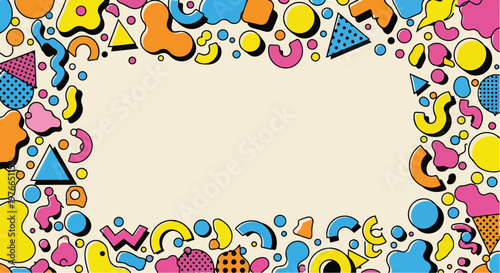 A vibrant illustration of various colorful shapes and patterns forming a decorative border around a blank central space for text or image insertion.