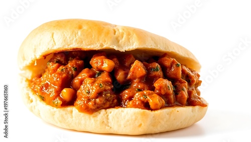 Isolated bunny chow on white background, clean studio lighting, bread texture and curry detail emphasized, high-resolution image for menu design or product listing