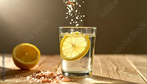 Pouring pink Himalayan salt into a glass of fresh lemon water for a healthy detox drink. © Zukop