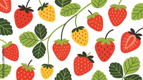 Flat Folk Art Strawberry Pattern Vector Illustration with Red and Yellow Berries