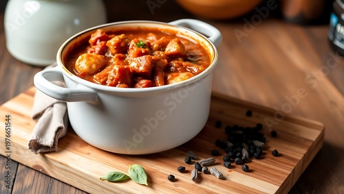 Hungarian goulash in a vintage enamel pot, sitting on a wooden cutting board with scattered spices—paprika, bay leaves, black peppercorns—warm kitchen tones, farmhouse setting