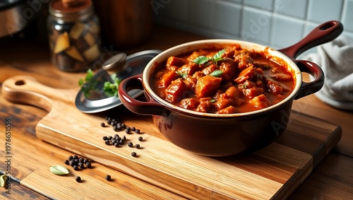 Hungarian goulash in a vintage enamel pot, sitting on a wooden cutting board with scattered spices—paprika, bay leaves, black peppercorns—warm kitchen tones, farmhouse setting