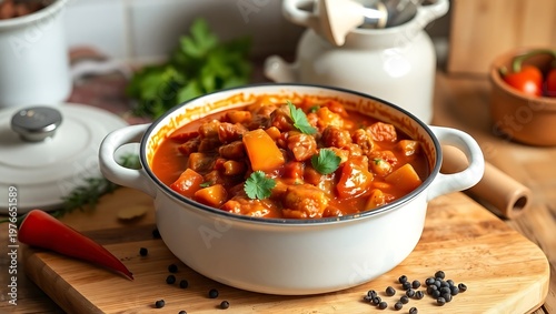 Hungarian goulash in a vintage enamel pot, sitting on a wooden cutting board with scattered spices—paprika, bay leaves, black peppercorns—warm kitchen tones, farmhouse setting