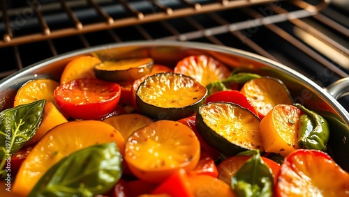 Hyper-detailed 3D render of layered ratatouille vegetables in a baking dish, glistening with olive oil, flecks of salt and herbs visible, oven rack background
