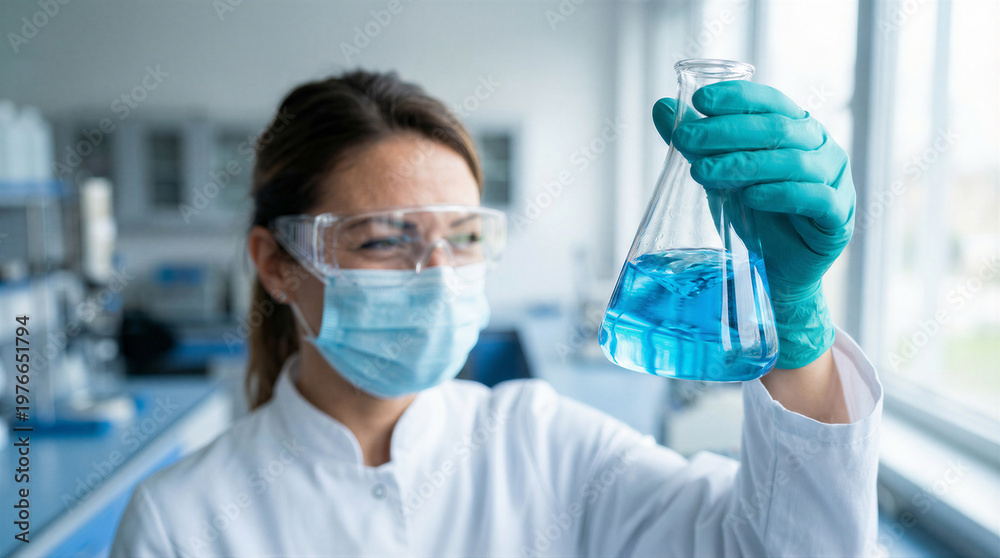 Fototapeta premium Female scientist in lab coat, safety glasses, and mask examining a blue liquid in an erlenmeyer flask in a laboratory