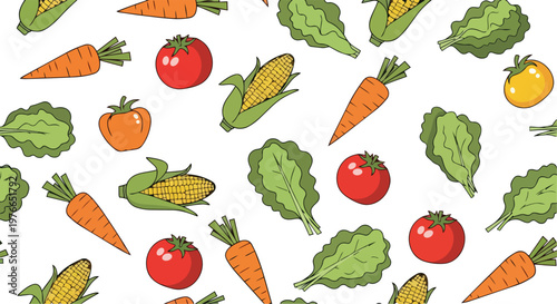 Fresh vegetable pattern illustration with colorful carrots, tomatoes, corn, lettuce and leaves on white background