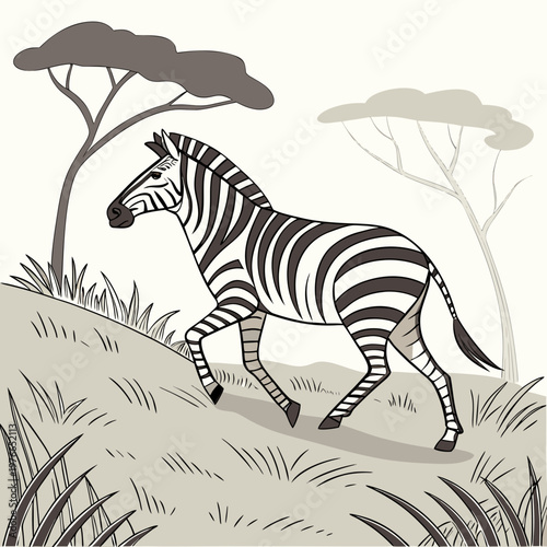 Zebra, black and white striped animal, safari illustration, wildlife vector, nature scene