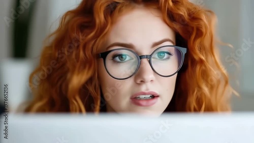 Woman with curly red hair and glasses looks surprised while using a laptop at home in the afternoon