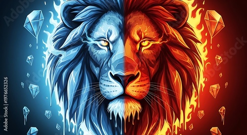 Split lion head with ice and fire, dual color concept with diamonds