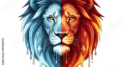 Split-color lion head with ice and fire concept