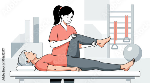 Elderly Woman Undergoing Physical Therapy with Professional Therapist in Rehabilitation Clinic Illustration