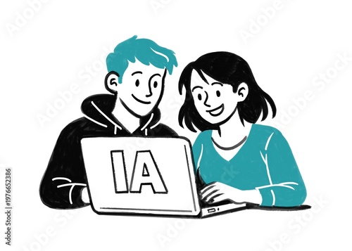 An illustration of two people sitting side by side, looking at a laptop together. The laptop screen displays the letters “IA,” symbolizing artificial intelligence. One person wears a hoodie with short