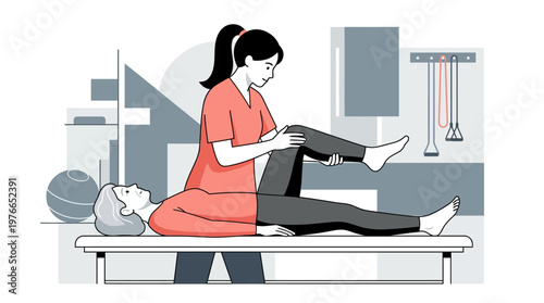 Physiotherapist Assisting Senior Woman with Leg Rehabilitation Exercises in Clinic. Flat Vector Illustration of Physical Therapy Session for Elderly Patient.