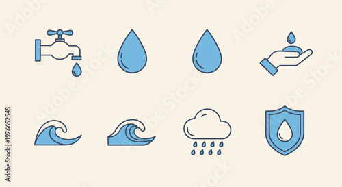 Collection of blue water icons and symbols.