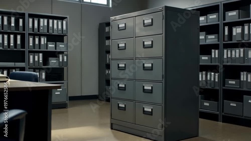 Storage unit holds file cabinets in office space during daytime hours with natural light coming through windows