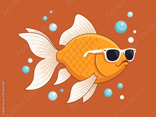 Cool Goldfish Wearing Sunglasses Cartoon Illustration, Minimalist Aquatic Mascot on Orange Background
