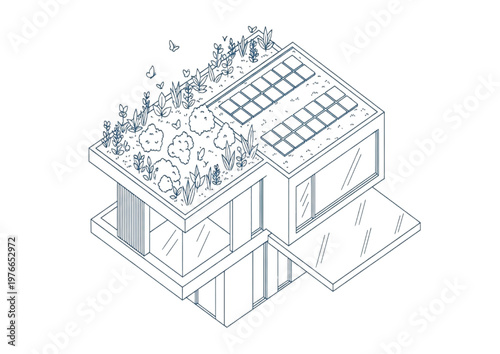 Isometric line art of a sustainable modern house with green roof and solar panels showcasing eco-friendly design