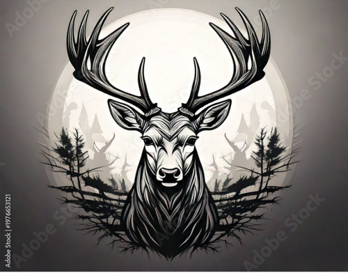 Pixel Art Majestic Stag Head with Antlers and Moon Background.