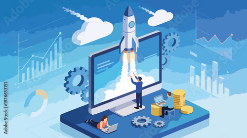 Isometric Business Startup Launch Vector Concept with Rocket and Data Analytics