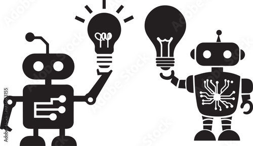 Futuristic robot characters presenting bright idea concept using glowing lightbulb technology symbol
