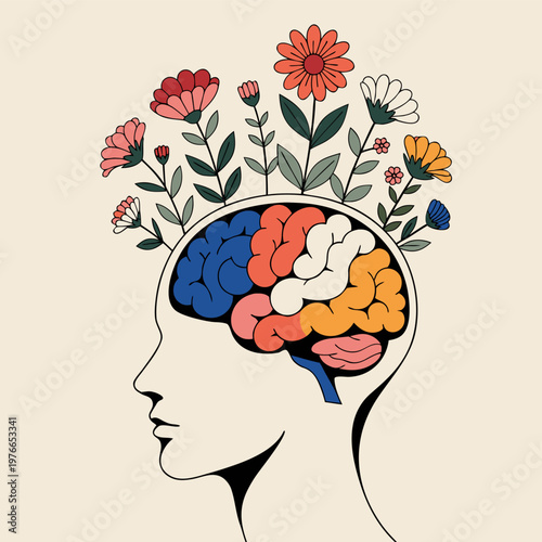 Minimal paper human head with floral design, symbolizing mental clarity, growth, awareness, and inner peace worldwide.