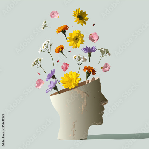 Paper silhouette head decorated with flowers, symbolizing healing mind, awareness, support, and mental health importance.