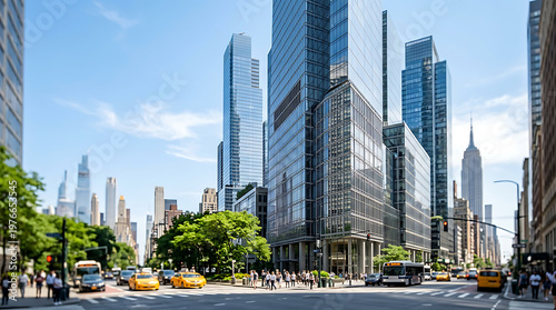 Modern skyscrapers and yellow taxis on a bustling New York City street