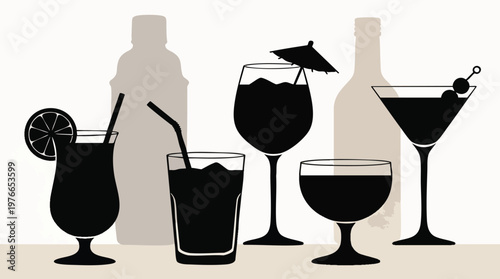 Minimalist Cocktail Drinks Silhouette Vector Set with Shaker and Bottle Design
