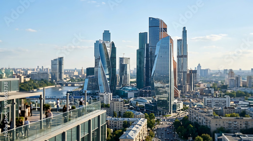Modern skyscrapers cityscape with glass facades and urban skyline on a sunny day.