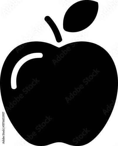 A classic black and white illustration of a simple apple with a stem and leaf