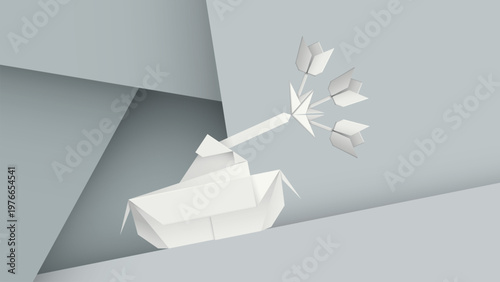 3D origami military Tank have flowers at the muzzles of cannon on gray background have blank space.