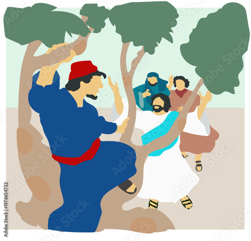 Zacchaeus climbing a sycamore tree to see Jesus gospel bible story Luke 19:1-10