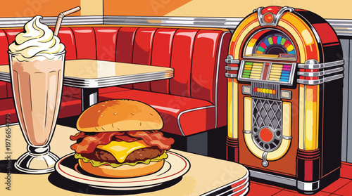 Retro 1950s Diner Interior Illustration with Jukebox Cheeseburger and Milkshake