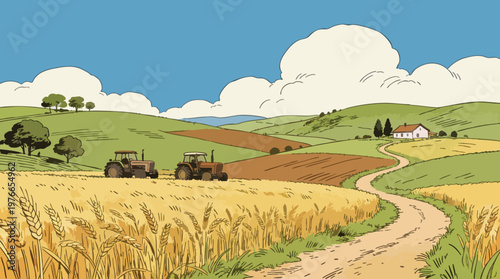 Rolling Hills of Gold: Hand-Drawn Farm with Tractors and Wheat