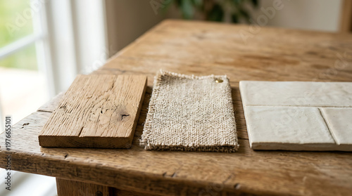 Natural Material Samples: Wood, Fabric, Stone on Rustic Table