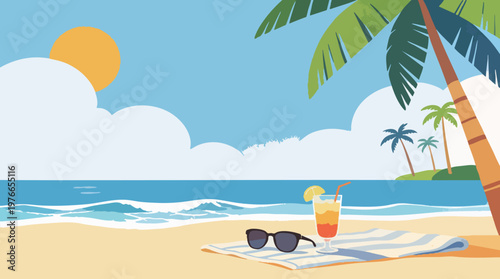 Serene Tropical Beach Vacation Minimal Flat Vector Illustration with Summer Drink
