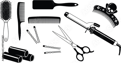 Essential hairstyling tools and accessories collection including hairbrush, combs, curling iron, scissors, rollers, pins, and decorative skull comb for professional salon or home grooming