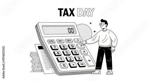 Monochromatic vector illustration of a man calculating income taxes with a large calculator next to a stack of documents against a white background, symbolizing the annual tax filing