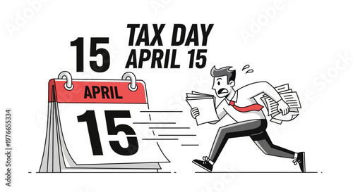 A frantic man rushes with tax documents away from a calendar on April 15th in a cartoon illustration representing the income tax day deadline against a clean white background