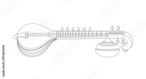 Sitar musical instrument traditional Indian stringed sitar drawing