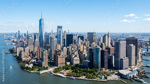 New York City Skyline Aerial View: Iconic Buildings and Hudson River Panorama