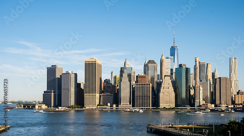 New York City Skyline Panorama with Hudson River and Clear Blue Sky