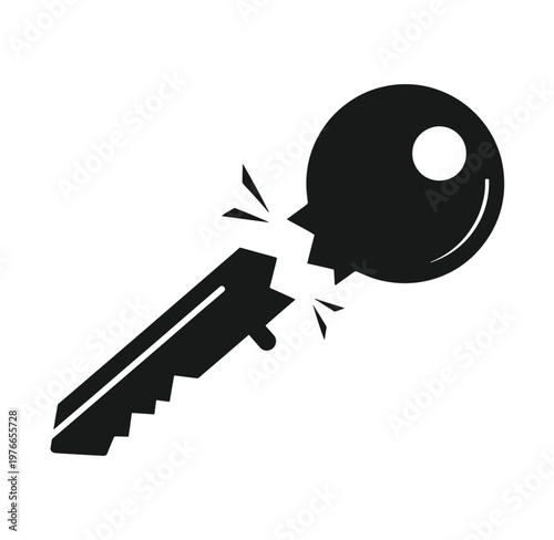 Black key breaking into two pieces with cracks around the break point on white background